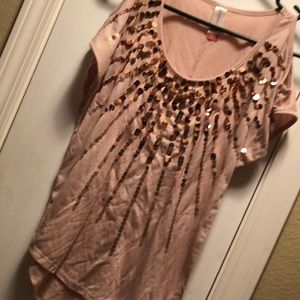 Sparkly peach shirt open shoulders